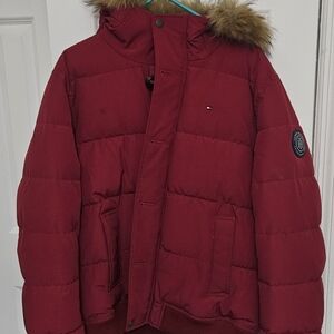 Tommy Hilfiger Deep Red Puffer Jacket with Faux Fur Hood